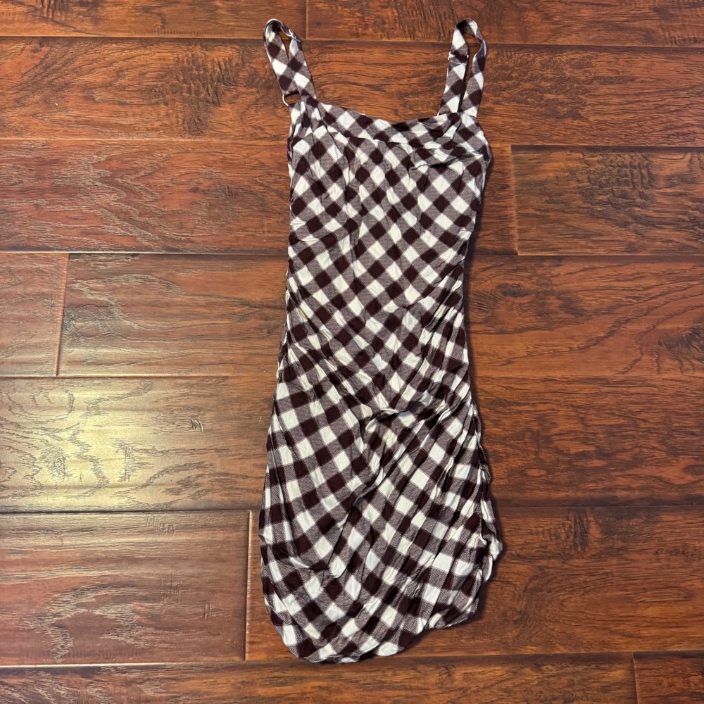 Gingham Plaid Ruched Mini Dress Women XS Urban Outfitters Brown White Sleeveless